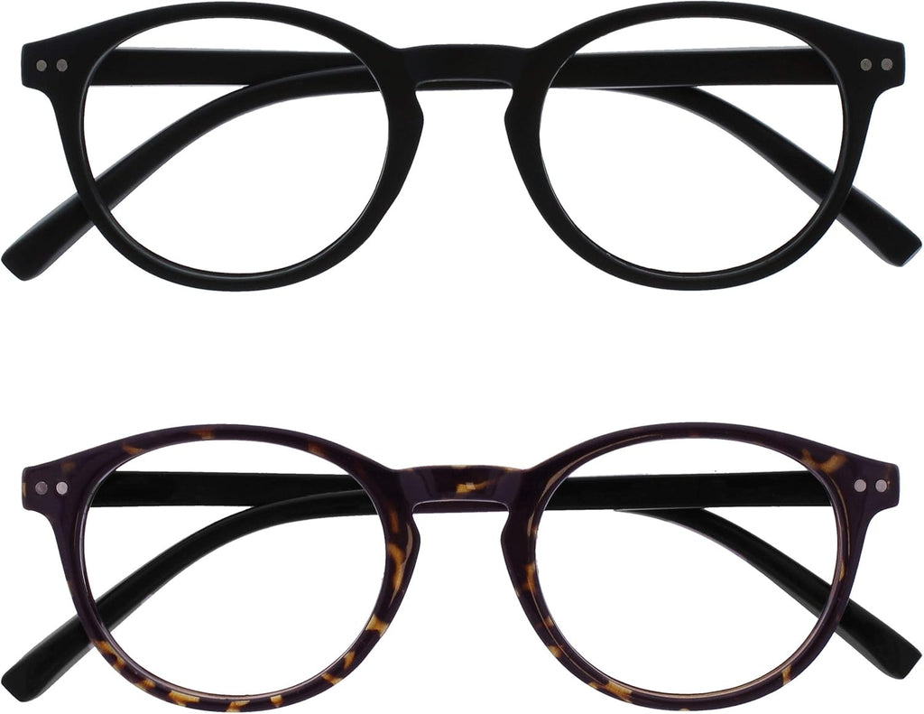OPULIZE ZEN Reading glasses for Women Men,Scratch Resistant Round frame with Spring Hinges, Smooth Matte Black,Dark Brown Tortoiseshell +1 (Pack of 2)