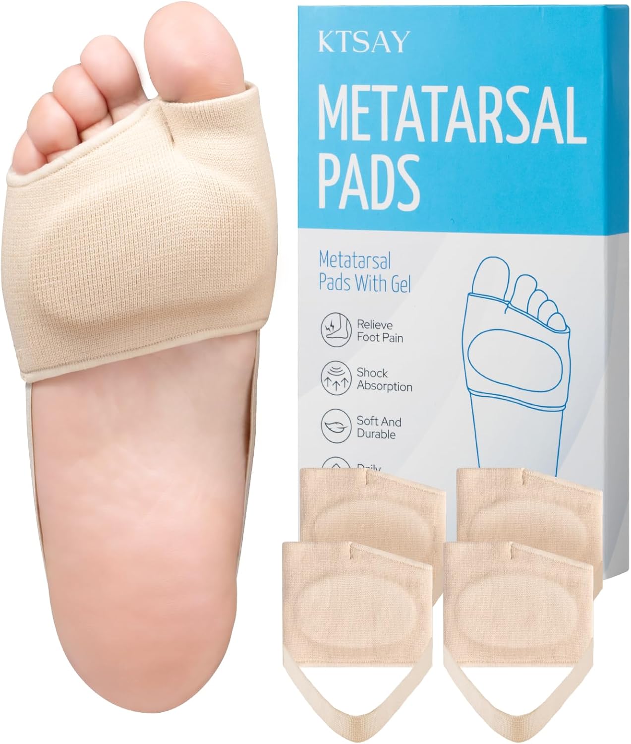 KTSAY 2 Pairs Metatarsal Pads with Gel Pad for Women and Men, Foot Pads for Ball Pain Relief, Morton's Neuroma, Metatarsalgia Support(Beige,Large)