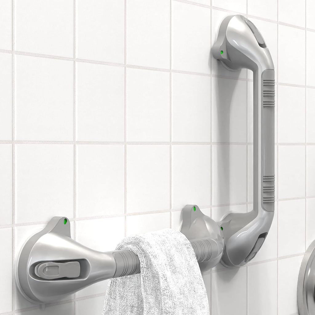 17“ Suction Shower Grab Bar with Indicators, Tool-Free Installation, Steady Handle for Balance Assist for Bathtub, Toilet, Bathroom, Dual Tone, Silver/Gray 2-Pack