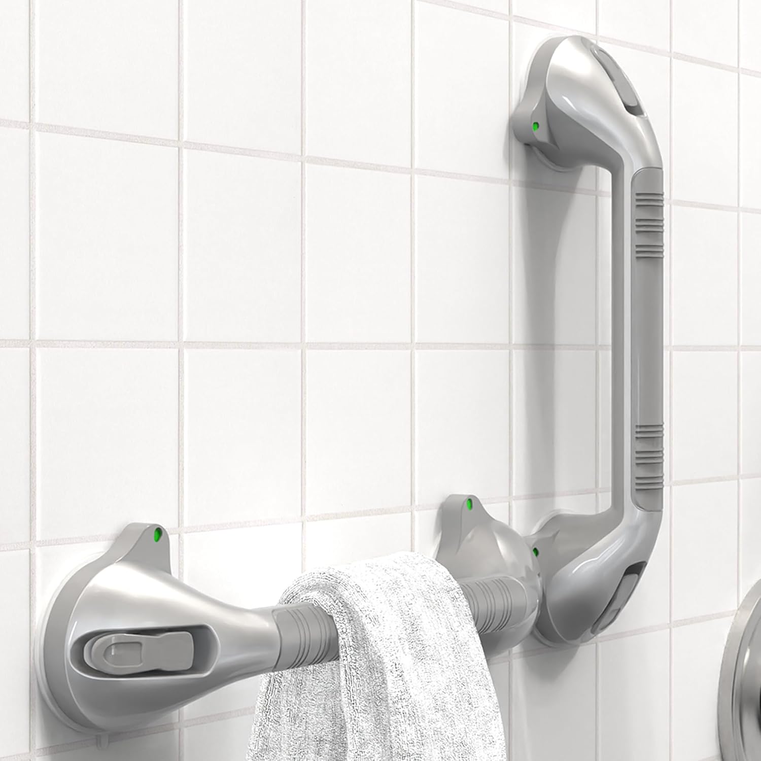 17“ Suction Shower Grab Bar with Indicators, Tool-Free Installation, Steady Handle for Balance Assist for Bathtub, Toilet, Bathroom, Dual Tone, Silver/Gray 2-Pack
