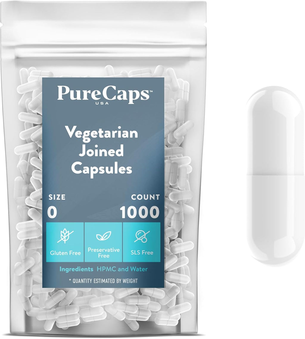 PureCaps USA - Empty Vegetarian Vegan Pill Capsules Size 0| 1,000 Joined Pills| White| Non-GMO Certified | SLS, Gluten, Preservative Free