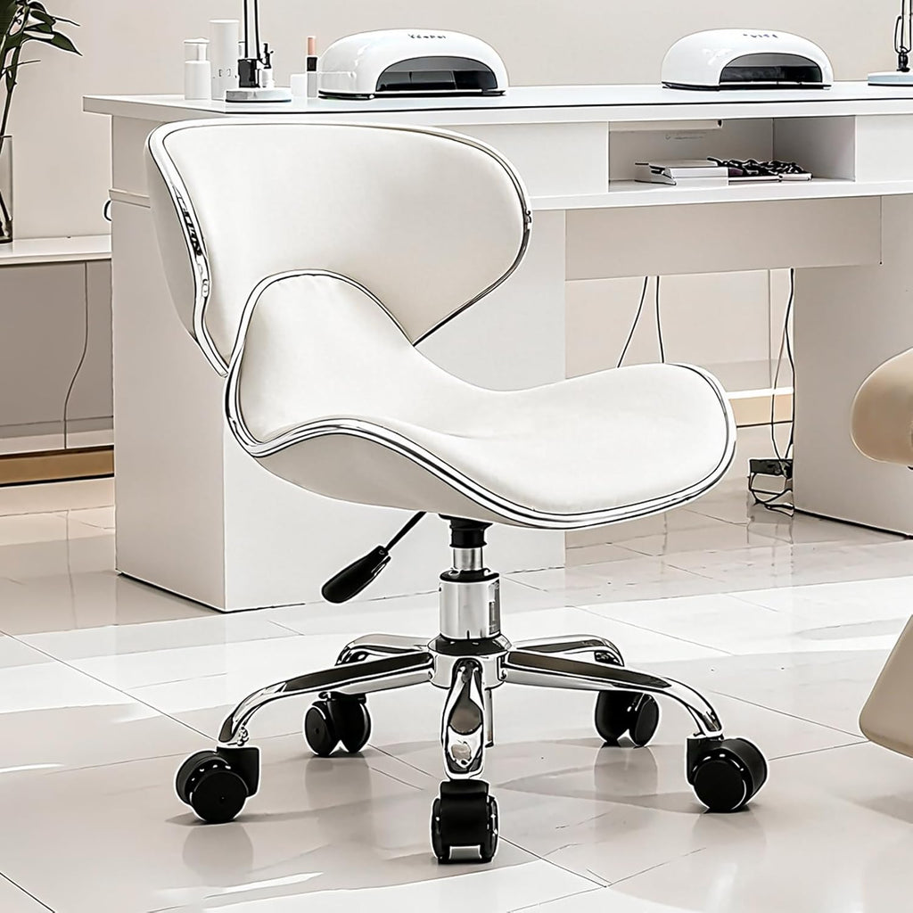 Lessmore White Swivel & Adjustable Pedicure Stool - Ergonomic Nail tech Chair for Salon Professionals, Comfortable Pedicure Chair with Smooth Rotation (1,Creamy White)