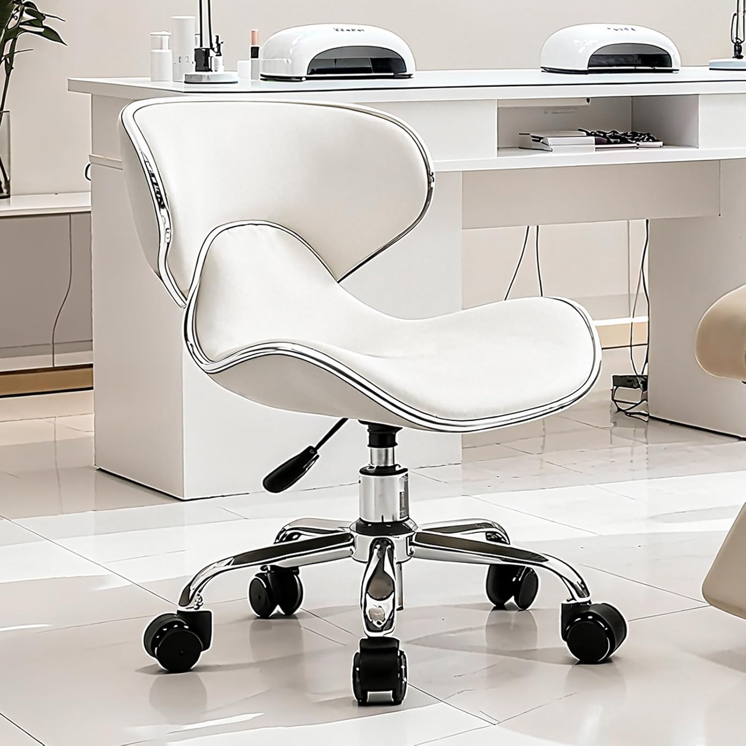 Lessmore White Swivel & Adjustable Pedicure Stool - Ergonomic Nail tech Chair for Salon Professionals, Comfortable Pedicure Chair with Smooth Rotation (1,Creamy White)