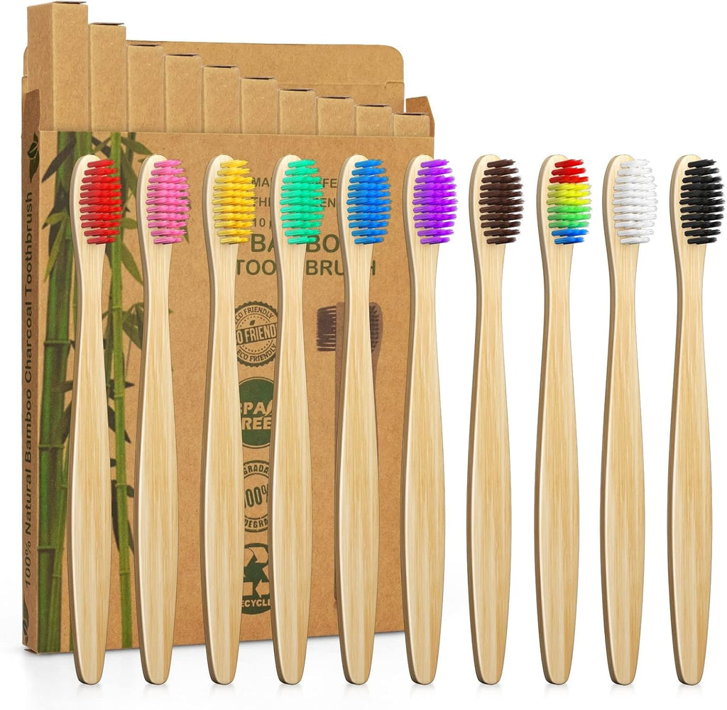 10 Pack Bamboo Toothbrushes | Biodegradable & Compostable Eco-Friendly Natural Bamboo Charcoal Toothbrushes | BPA Free Soft Bristles Wooden Toothbrush - 100% RECYCLED PACKAGING (Adult - 10 Color)