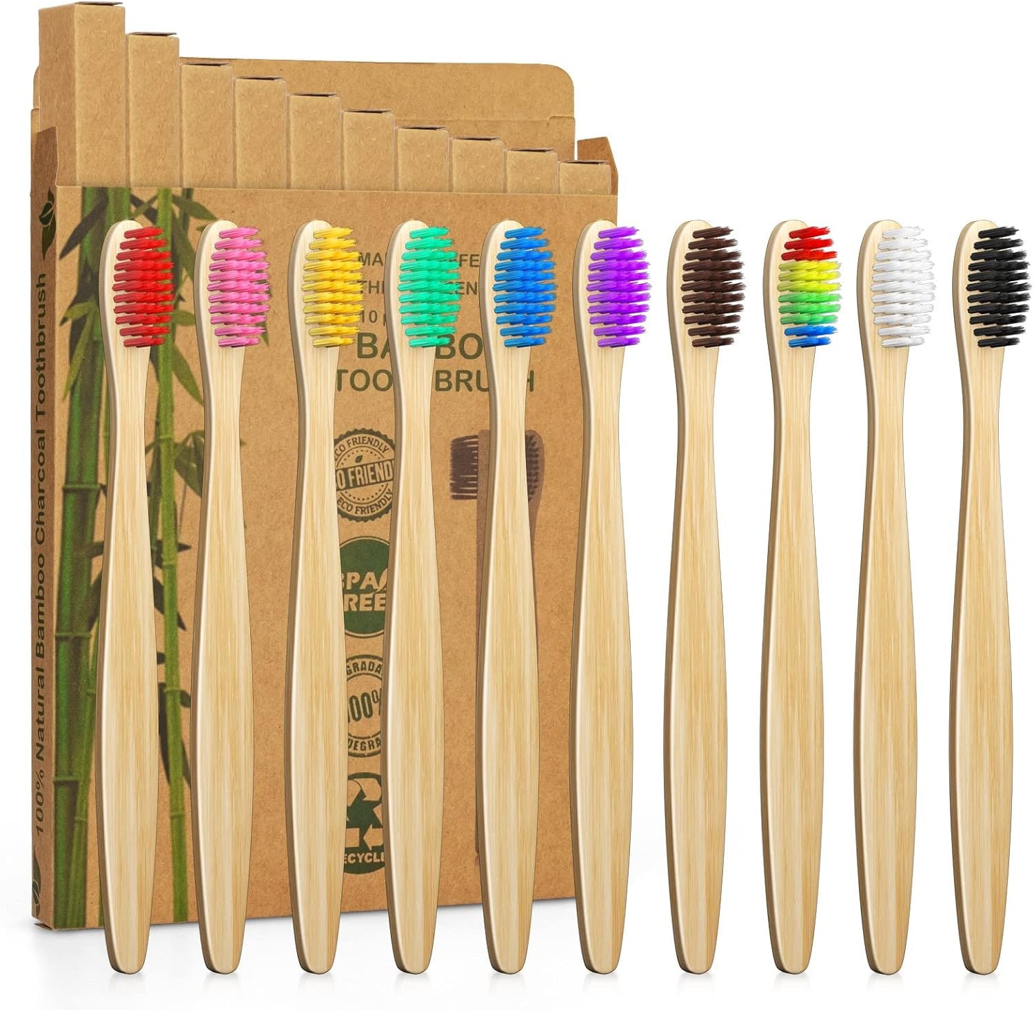 10 Pack Bamboo Toothbrushes | Biodegradable & Compostable Eco-Friendly Natural Bamboo Charcoal Toothbrushes | BPA Free Soft Bristles Wooden Toothbrush - 100% RECYCLED PACKAGING (Adult - 10 Color)
