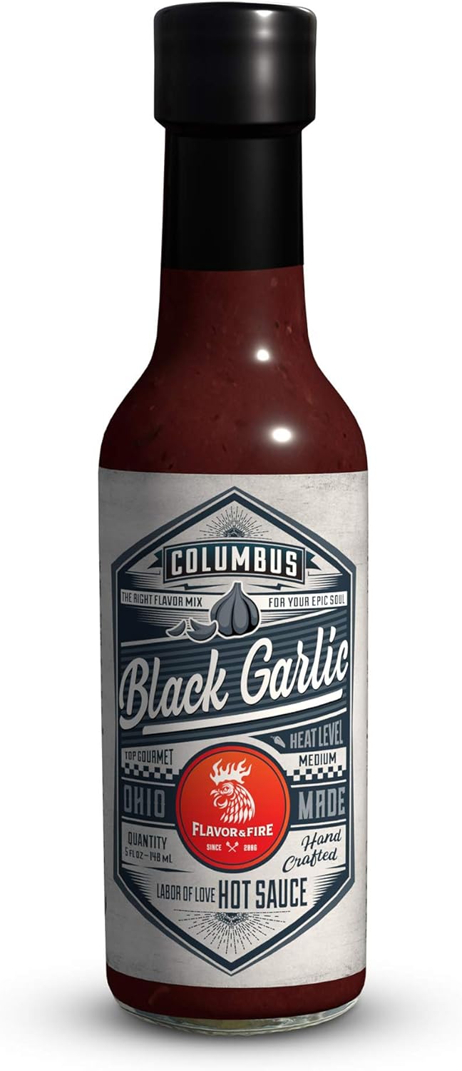 Flavor and Fire Foods, Black Garlic, Columbus Hot Sauce, Pepper Infused, Award Winning, North Market Hot Sauce, Amazing Flavor, Great on Meat, Poultry, Seafood, Tofu, Made in Ohio (5oz, Black Garlic)