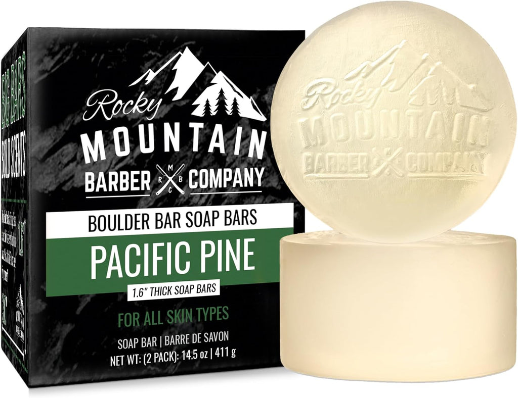 Men’s All-in-One Shampoo & Body Soap Bars – Extra Thick 1.6” Glycerin Hair & Body Soap - 2 Soap Bars - Pacific Pine Scent - with Oat Protein & Black Pine Essential Oil - Made in USA - 14.5 oz