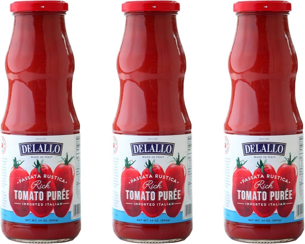 DeLallo Tomato Passata, Rich Rustic Puree, Made in Italy, All Natural, Gluten Free, Kosher, Made with Italian Plum Tomatoes, Tomato Sauce for Pasta, Soups, and Stews, 24 oz. Jar, (3 Pack)