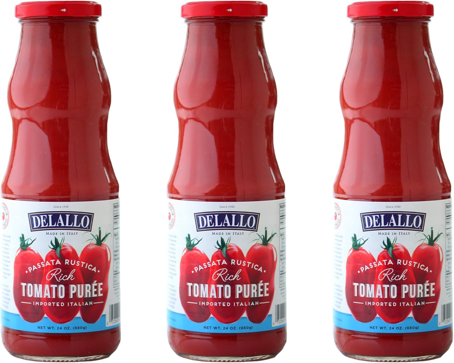 DeLallo Tomato Passata, Rich Rustic Puree, Made in Italy, All Natural, Gluten Free, Kosher, Made with Italian Plum Tomatoes, Tomato Sauce for Pasta, Soups, and Stews, 24 oz. Jar, (3 Pack)