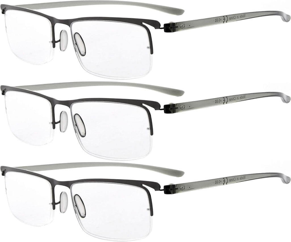 Eyekepper 3 Pairs Half-rim Reading Glasses for Men Metal Readers Gunmetal Frame +2.25