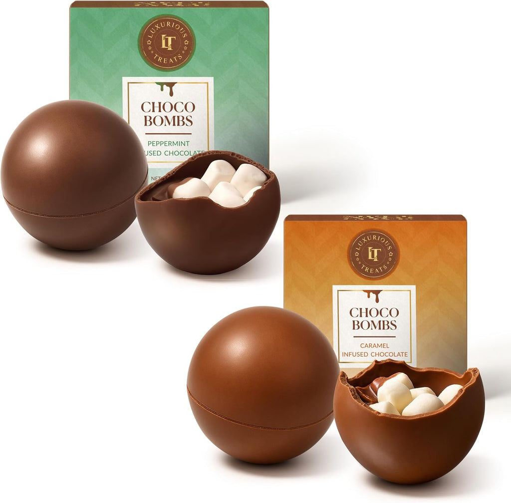 Luxurious Treats Hot Chocolate Bombs | 2 Pack Hot Cocoa Ball | Holiday Christmas Gift Set with Peppermint and Caramel Flavored Bombs | Individually Wrapped Gourmet Chocolate Balls