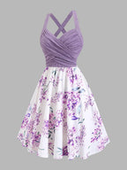Women's Summer Floral Dress Crisscross V Neck Halter Sleeveless Sundress Retro Flare A-Line Party Dress Casual Vacation