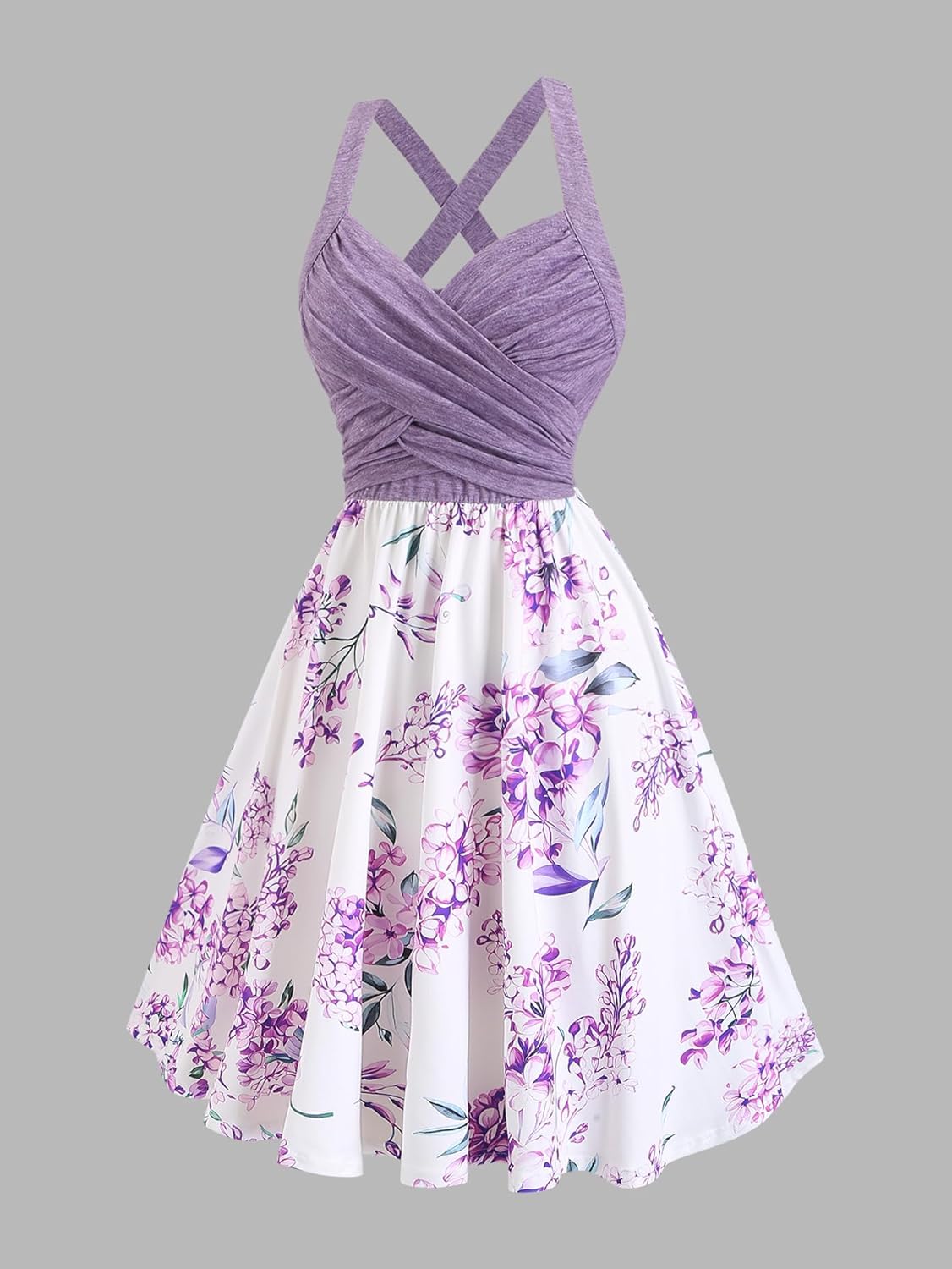 Women's Summer Floral Dress Crisscross V Neck Halter Sleeveless Sundress Retro Flare A-Line Party Dress Casual Vacation