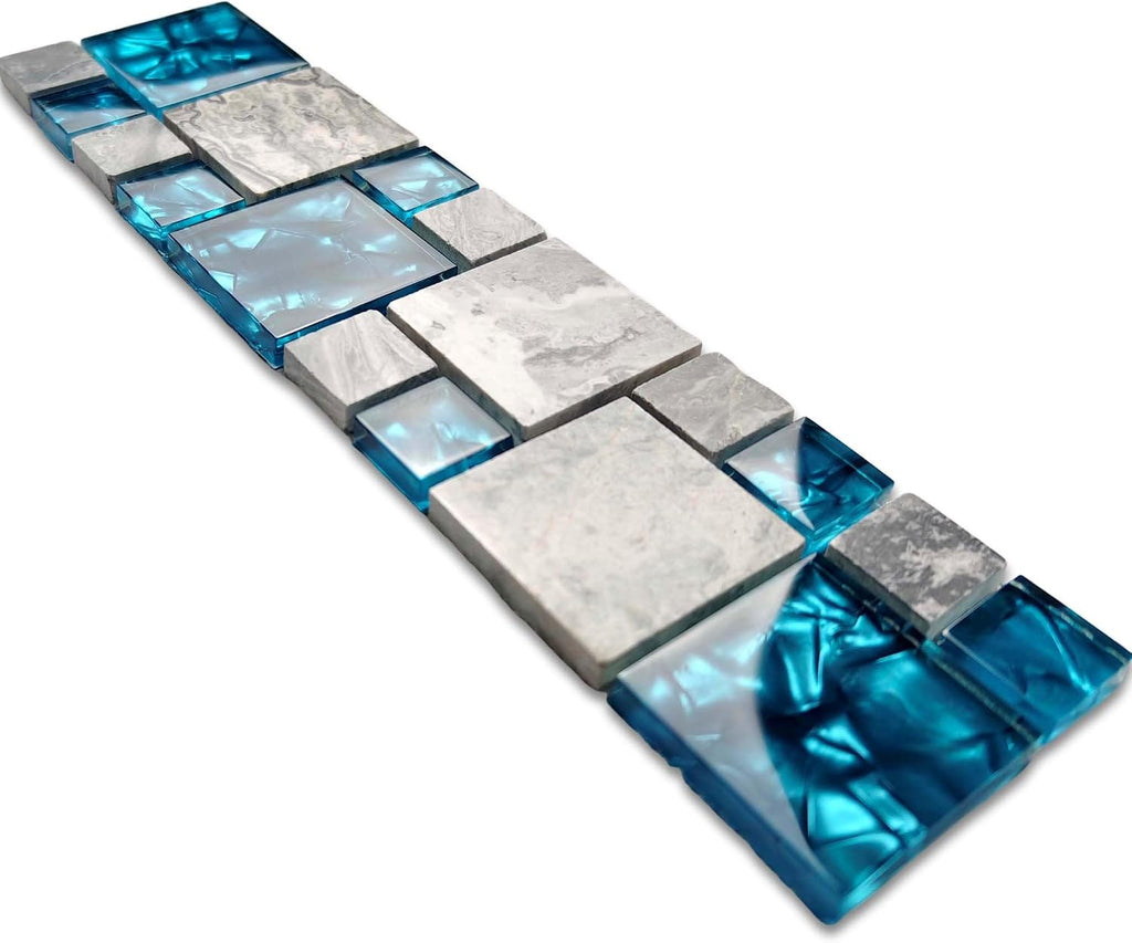 Hominter Premium Teal Blue Crystal Glass & Grey Stone Tile Modern Bathroom Shower Wall Versaille Patterns Mosaic for Kitchen Fireplace Decor (3"x12" Sample)