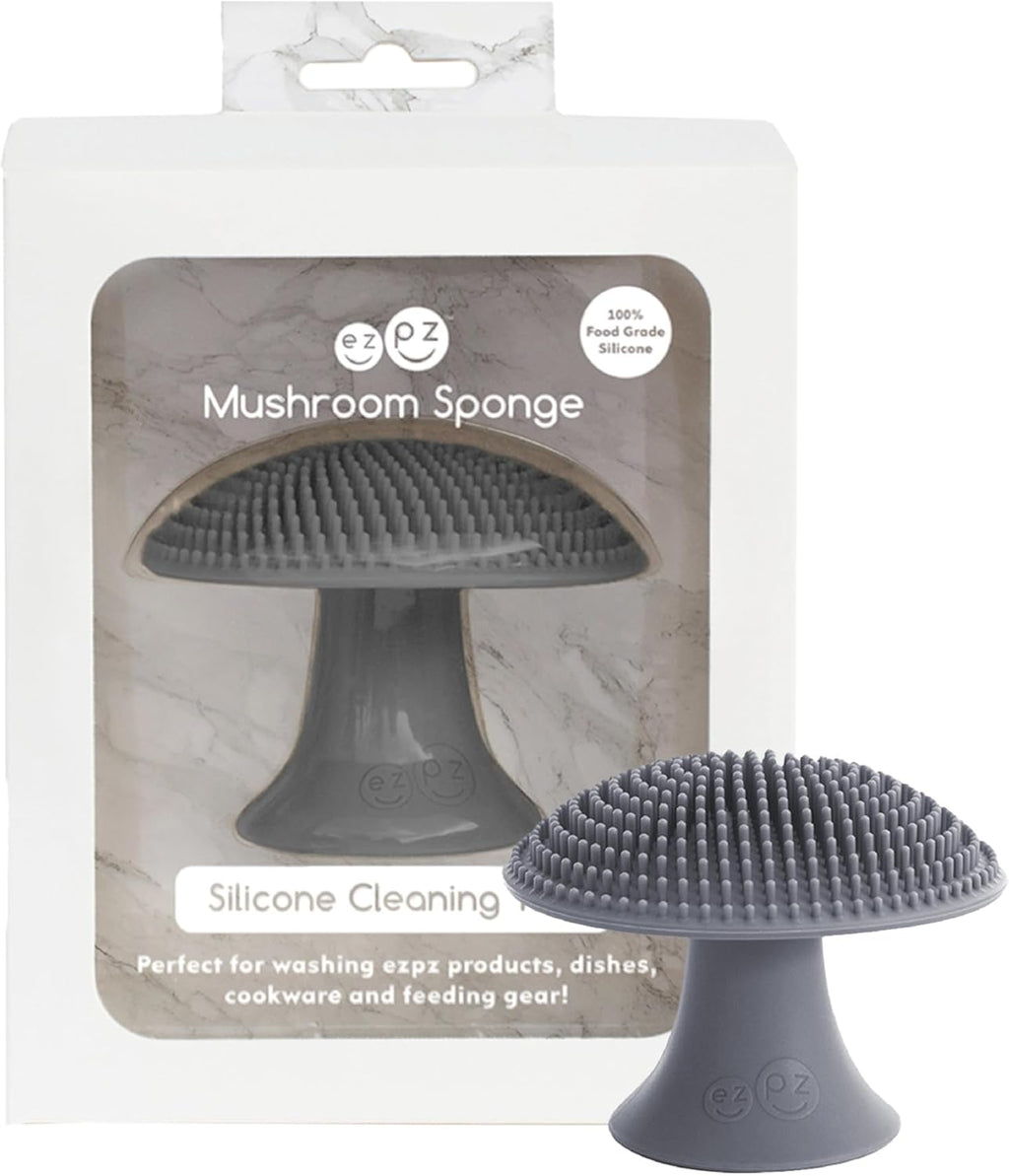 ezpz Mushroom Sponge (Gray) - Odor-Resistant Kitchen Sponge with Soft Bristles, Non-Slip Handle, Suction Base - Gently Cleans Pans, Dishes and Feeding Gear