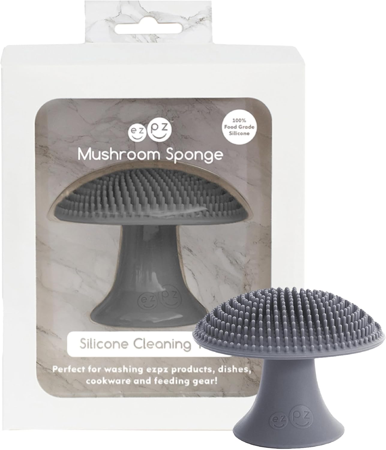 ezpz Mushroom Sponge (Gray) - Odor-Resistant Kitchen Sponge with Soft Bristles, Non-Slip Handle, Suction Base - Gently Cleans Pans, Dishes and Feeding Gear