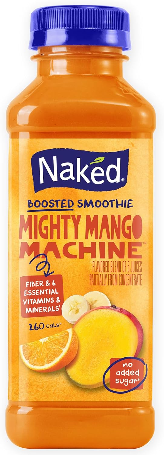 Naked Boosted Smoothie Mighty Mango Machine, 15.2 fl oz Bottle - Real Fruit Juice Smoothie with Fiber, Excellent Source of Vitamin C and Vitamin E for Immune Support