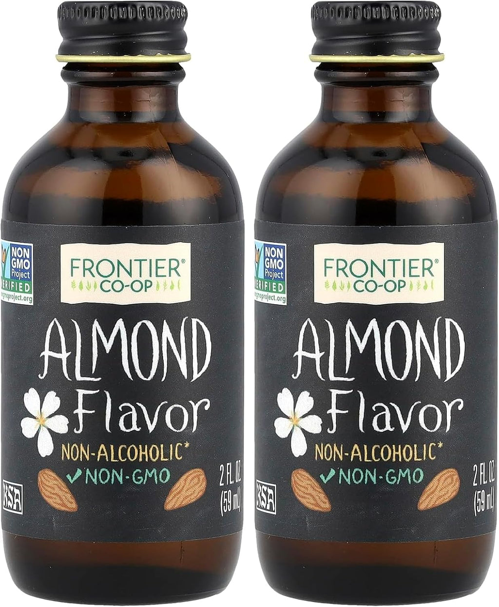 Frontier Co-op Organic Almond Extract, 2 Ounce Glass Jar, Warm Sugar-free Vegan Flavor for Desserts, Coffee and Smoothies (Pack of 2)