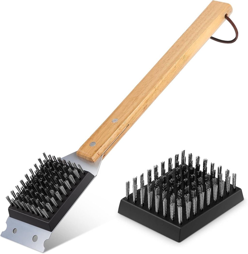 SIMPLETASTE Grill Brush and Scraper for BBQ, Durable & Effective, Replaceable Stainless Steel Head, Wooden Handle Wire Grill Brush for Outdoor Grill, Barbecue Accessories