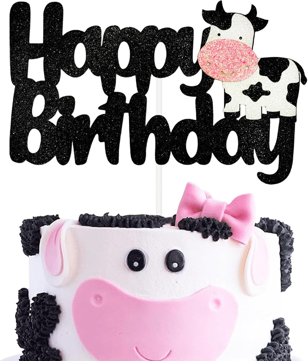 Cow Happy Birthday Cake Topper - Black Glitter Cow Birthday Decoration for Farm Animal Theme Party, Birthdays Party Cake Decor Supplies