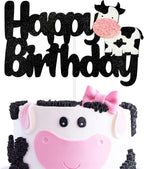 Cow Happy Birthday Cake Topper - Black Glitter Cow Birthday Decoration for Farm Animal Theme Party, Birthdays Party Cake Decor Supplies