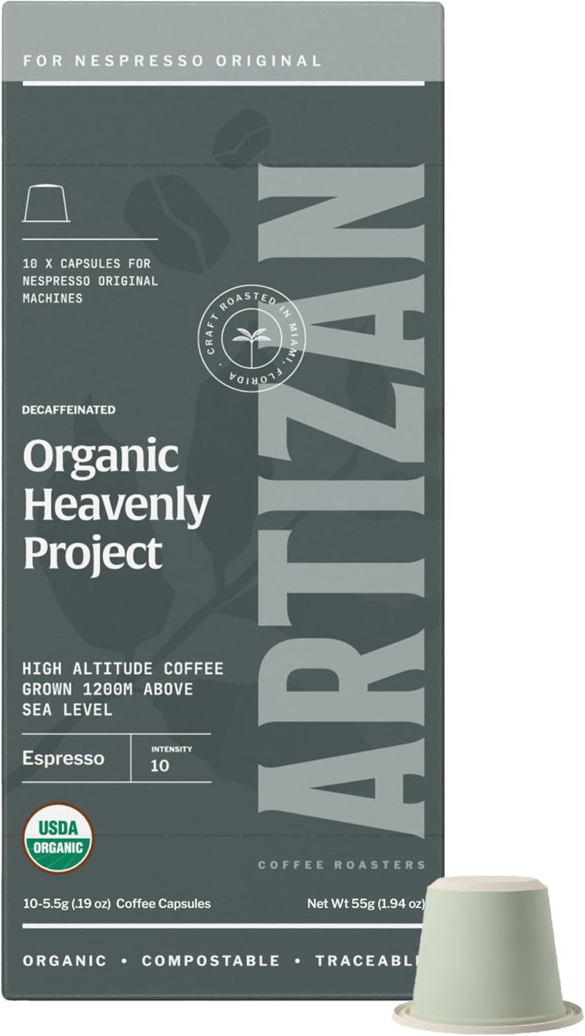 Artizan Coffee Decaf Organic Swiss Water Espresso Pods for Nespresso Original | Heavenly Project | 10 Home Compostable Capsules