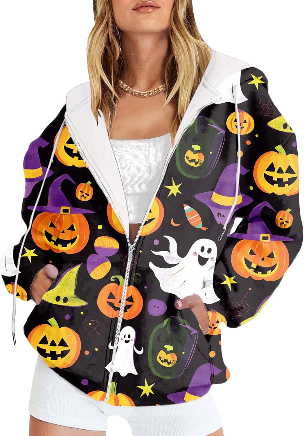 HOTYD Women's Fleece Halloween Sweatshirts Funny Black Cat Print Casual Long Sleeve Zip Up Hoodies Fall Outfits