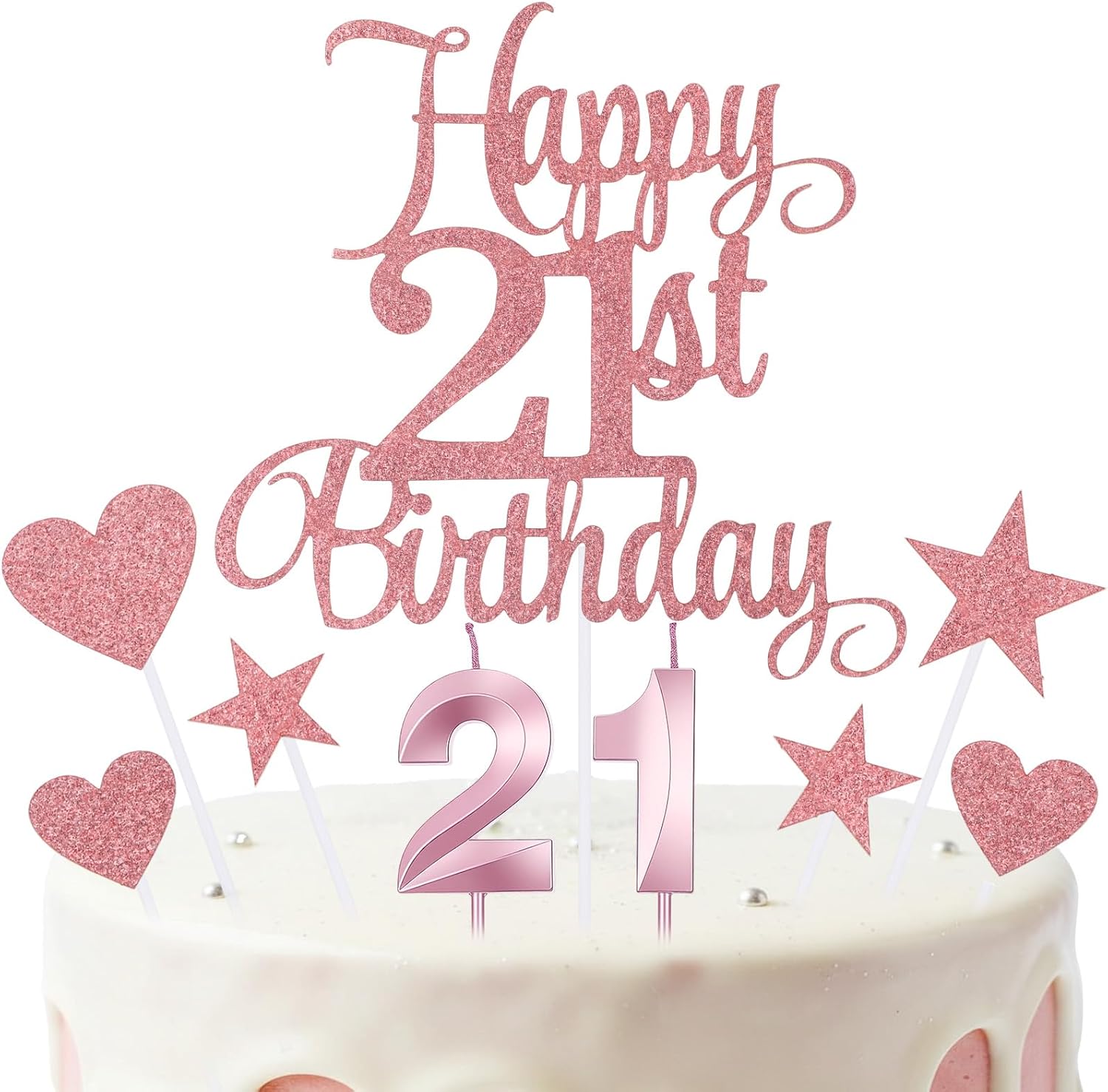 21st Birthday Cake Topper, Happy 21st Birthday Candles Numeral Candles and Glitter Cake Decorations Toppers Set Rose Gold Glitter Cheers to 21 Years Fabulous Cakes Decoration for Party Supplies