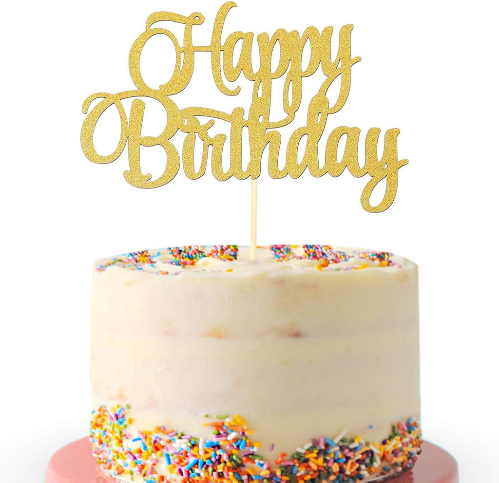Gold Happy Birthday Cake Topper - Golden Glitter Birthday Party Cake Decoration Supplies, Single Sided Cake Smash Decoration Photo Booth Props, Gold Paper Cake Flags Sign