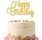 Gold Happy Birthday Cake Topper - Golden Glitter Birthday Party Cake Decoration Supplies, Single Sided Cake Smash Decoration Photo Booth Props, Gold Paper Cake Flags Sign
