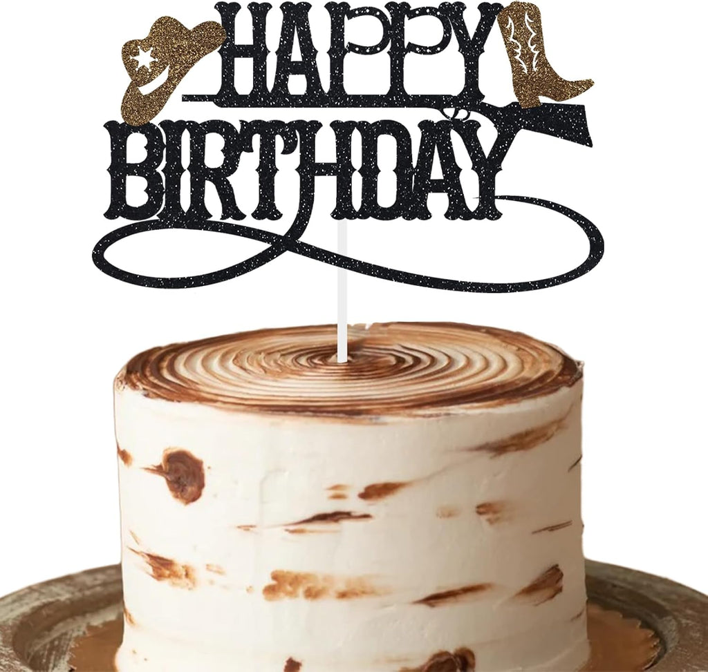 Cowboy Happy Birthday Cake Topper Western Boy Party Decoration Wild West Theme Supplies Hat Boot Brown
