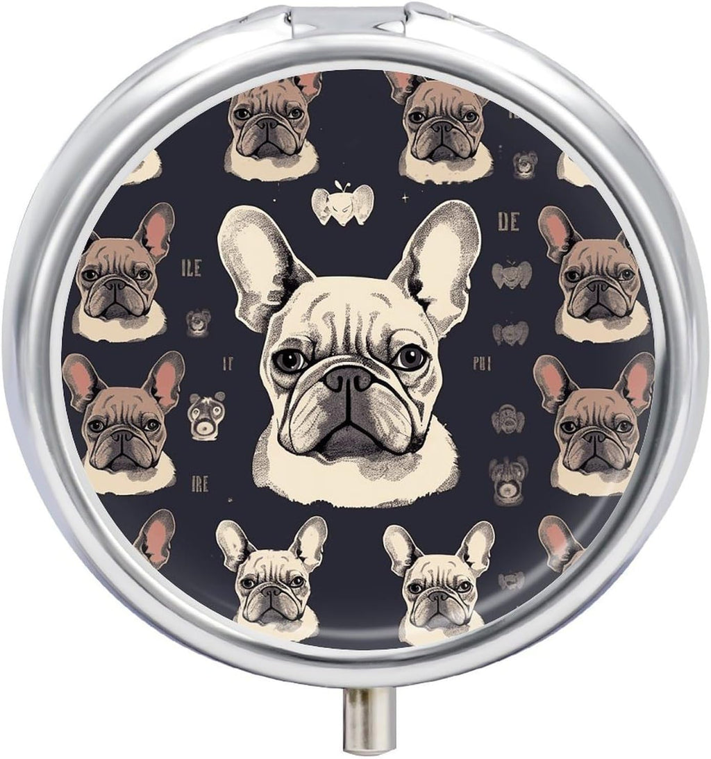 Metal Round Pill Box 3 Compartment, Cute Portable Travel Pill Organizer Small I Love French Bulldog Pill Case for Pocket Purse Pill Container Medicine Organizer Box Daily Vitamin Holder