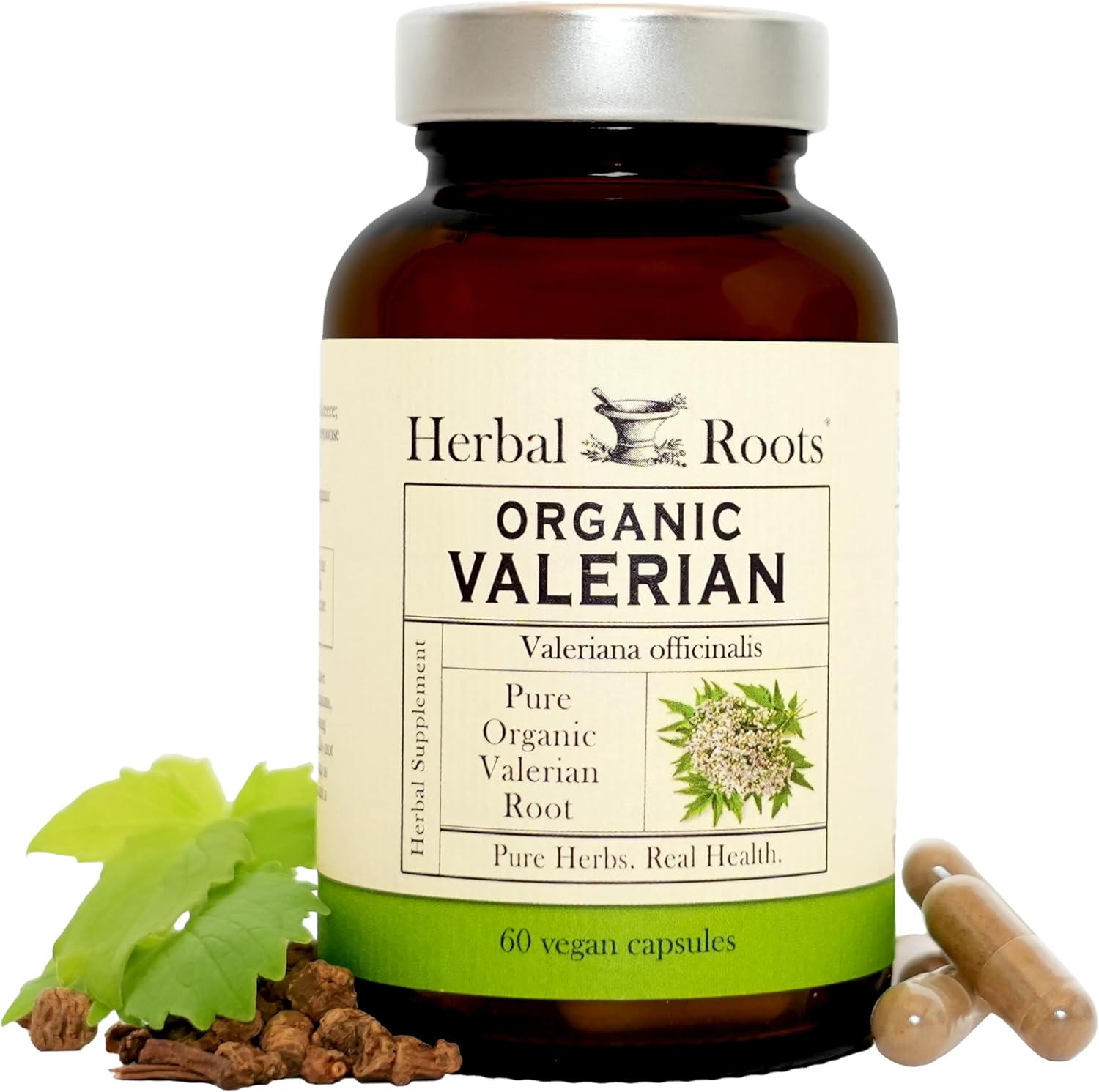 Herbal Roots Pure Organic Valerian Root Capsules - Non-Habit Forming with no Melatonin, Non-GMO - 60 Count Vegan Capsules, Herbal Supplement