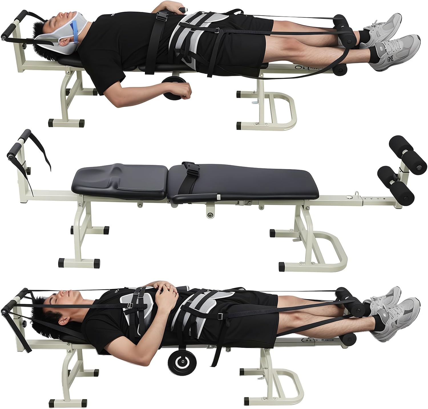 Inversion Massage Traction Table, Portable Cervical Lumbar Traction Bed Spine Stretcher Decompression Machine, Neck & Back Pain Relief Device with Ergonomic Handwheel, 350 LB Capacity (Black)