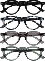 OPULIZE RIO Reading Glasses with Blue Light Blocking for Women and Men, Flat Top Frame with Spring Hinges, Computer gaming glasses, Black, Blue Tort, Dark Green, Mid Grey +2 (Pack of 4)