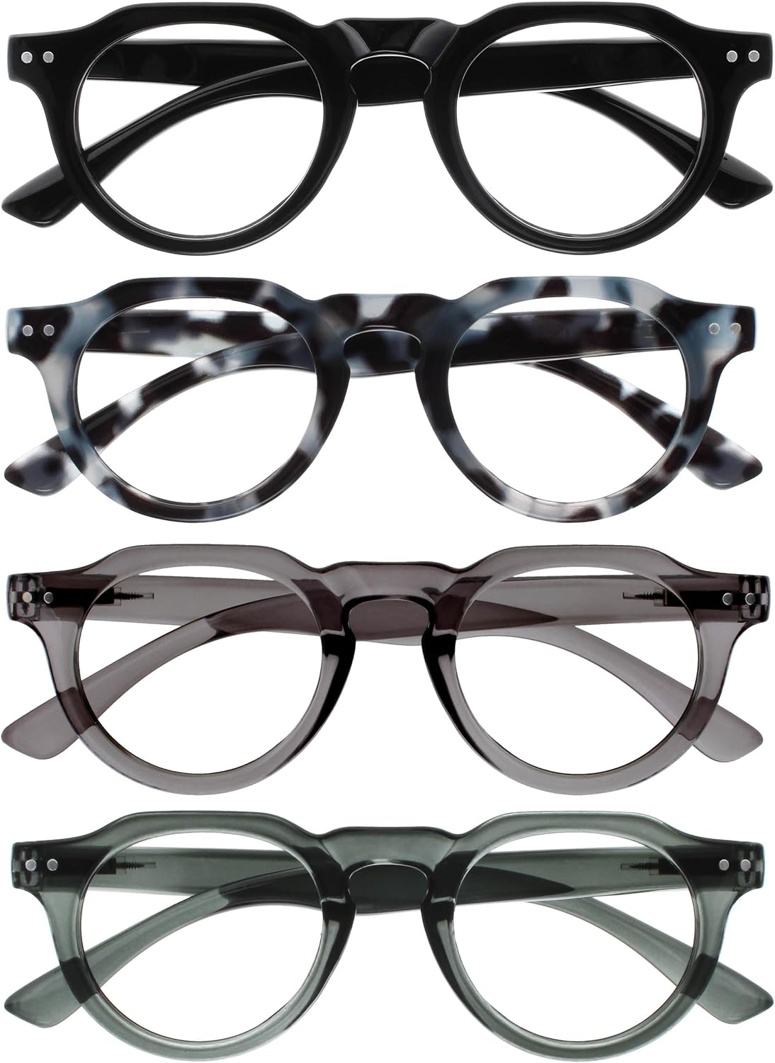 OPULIZE RIO Reading Glasses with Blue Light Blocking for Women and Men, Flat Top Frame with Spring Hinges, Computer gaming glasses, Black, Blue Tort, Dark Green, Mid Grey +2 (Pack of 4)
