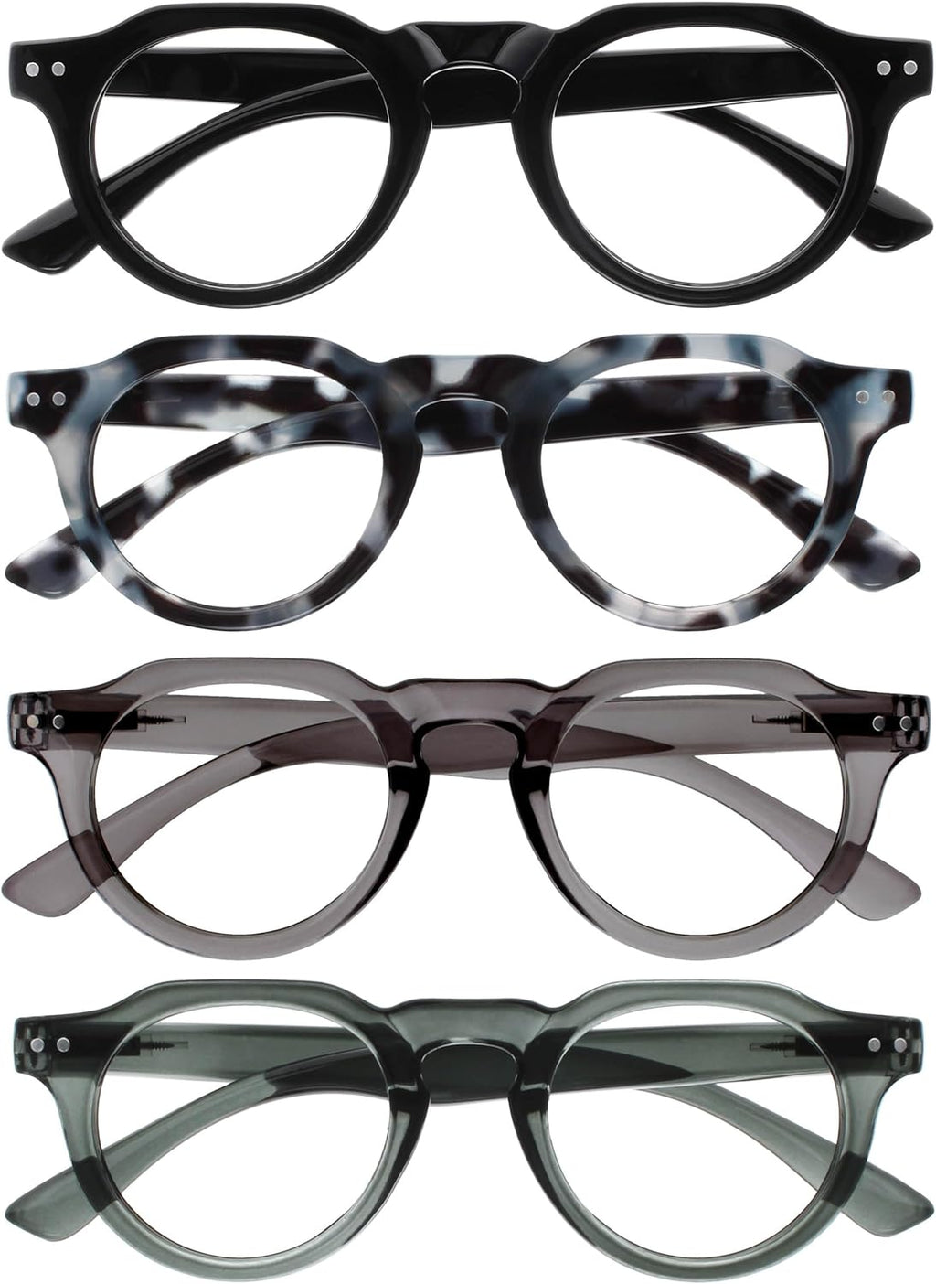 OPULIZE RIO Reading Glasses with Blue Light Blocking for Women and Men, Flat Top Frame with Spring Hinges, Computer gaming glasses,Black, Blue Tort, Dark Green, Mid Grey +3 (Pack of 4)