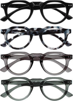 OPULIZE RIO Reading Glasses with Blue Light Blocking for Women and Men, Flat Top Frame with Spring Hinges, Computer gaming glasses,Black, Blue Tort, Dark Green, Mid Grey +3 (Pack of 4)