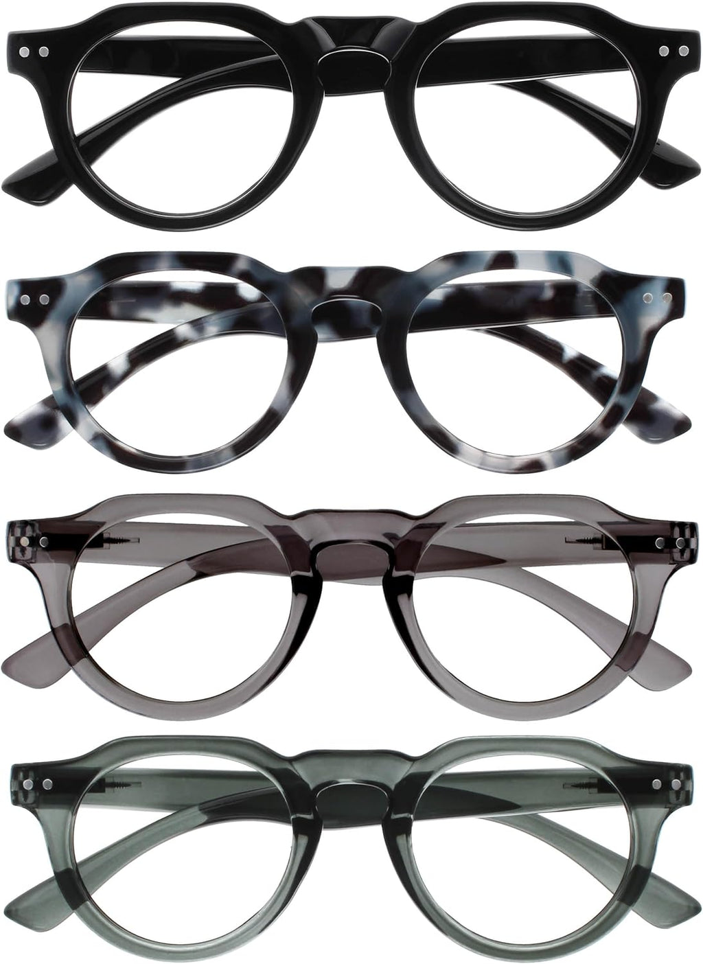 OPULIZE RIO Reading Glasses with Blue Light Blocking for Women and Men, Flat Top Frame with Spring Hinges, Computer gaming glasses, Black, Blue Tort, Dark Green, Mid Grey +1 (Pack of 4)