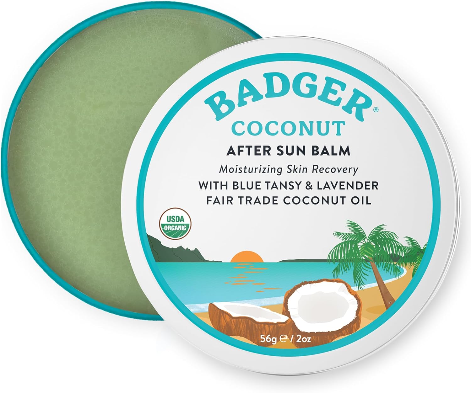Badger Coconut AfterSun Balm, 100% Organic Soothing Sunburn Relief, Great Smelling, Moisturizing & Hydrating After Sun Skin Care, 2 oz Tin