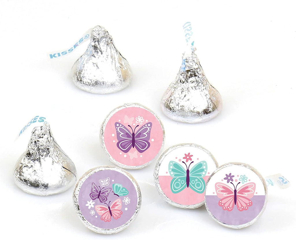 Big Dot of Happiness Beautiful Butterfly - Floral Baby Shower or Birthday Round Candy Sticker Favors - Labels Fit Chocolate Candy (1 sheet of 108)
