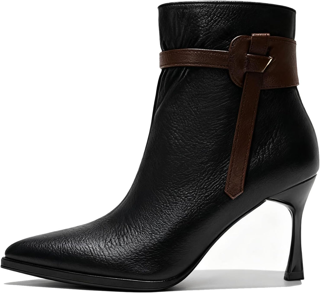 Women's Leather Point Toe Stiletto Ankle Boots with Side Zipper Sexy Comfortable Non Slip High Heel Fall Dress Short Booties 2.75in for Shopping Party