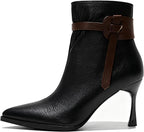 Women's Leather Point Toe Stiletto Ankle Boots with Side Zipper Sexy Comfortable Non Slip High Heel Fall Dress Short Booties 2.75in for Shopping Party