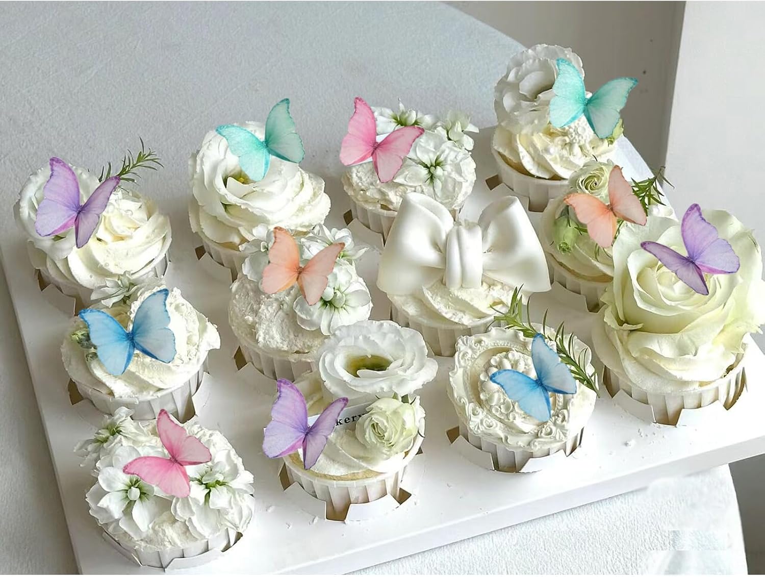 Weraru 48Pcs Edible Wafer Paper Butterflies Cupcake Topper Purple Pink Green Cake Decorations Mixed Color