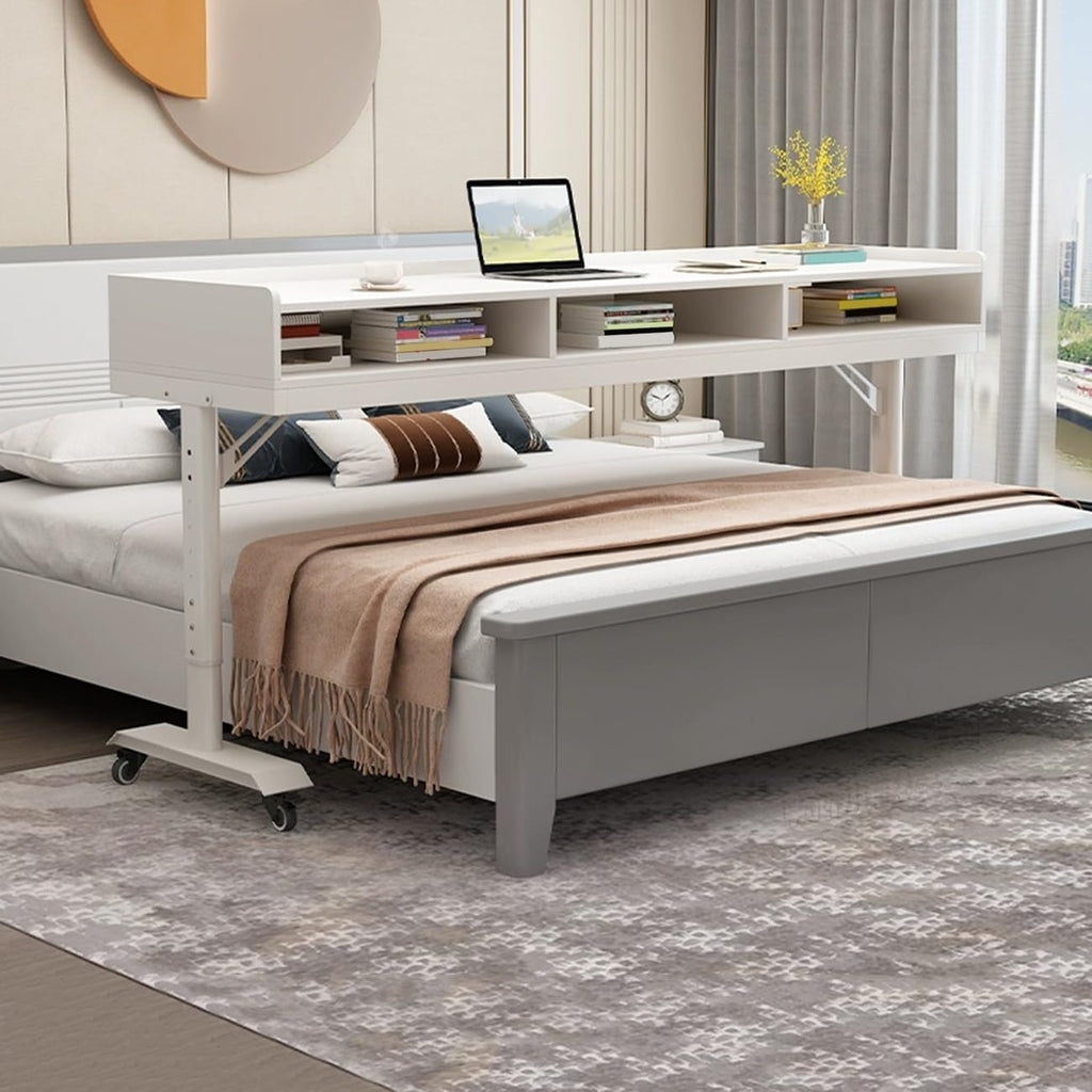 Bed Desk Over The Bed Table with Drawer, Over Bed Office Desk with 360°Rolling, Movable Cross Bed Office Desk, Height Adjustable, for Home/Hospital(White,120cm)
