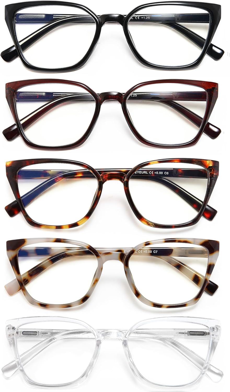 EYEURL Cat Eye Reading Glasses for women - 5 Pack Blue Light Blocking Reading Glasses Ladies +1.50 Fashion Square Frames Magnification with Spring Hinge