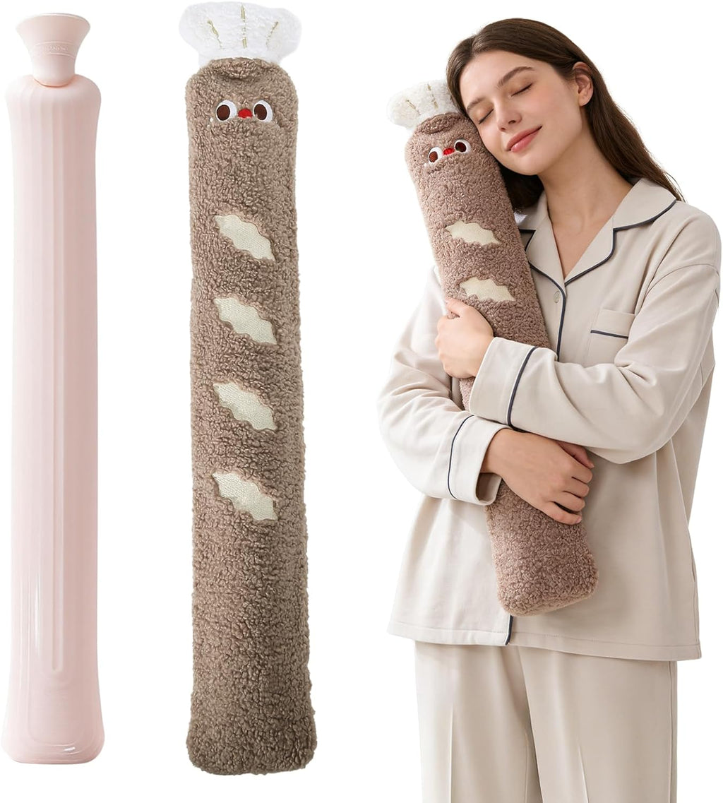2.5L Hot Water Bottle with Adorable Plush Cover - Extra-Long Leak, Proof Design for Menstrual Pain & Muscle Relief, Reusable Hot/Cold Therapy Pack with Removable Cover (Khaki)
