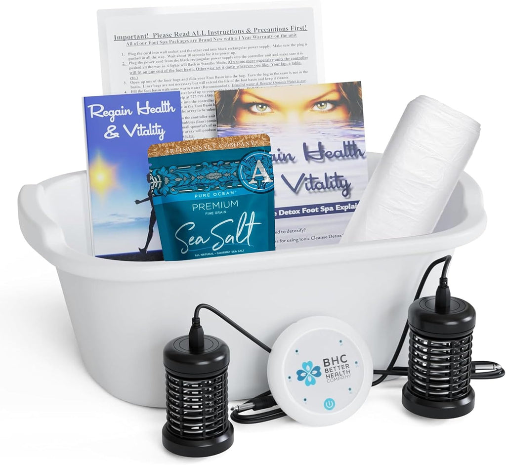 Ionic Foot Bath Detox Machine for Home Use - Free Regain Health & Vitality Booklet & Brochure - 2 Arrays, 20 Basin Liners, Detox Sea Salt, Basin 12QT