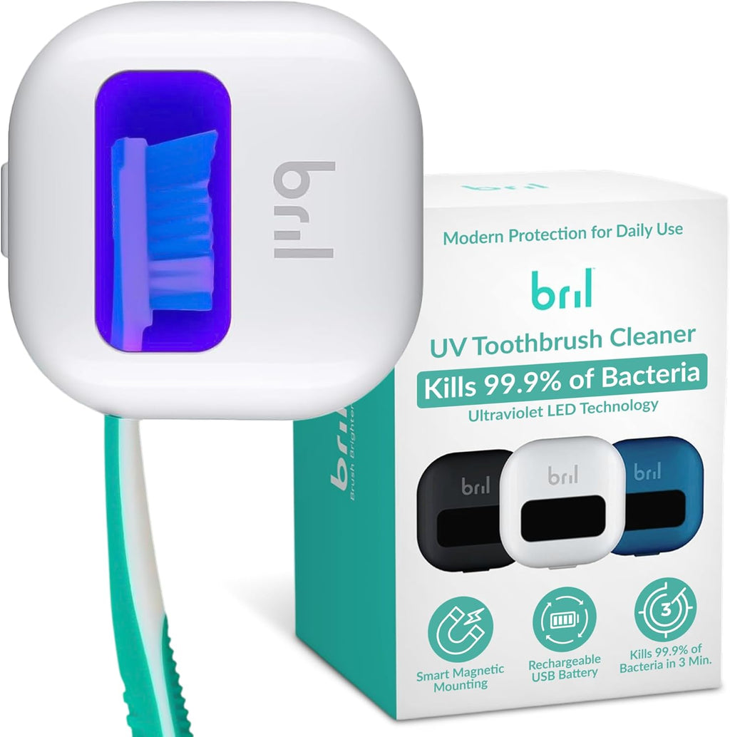Bril UV-C Toothbrush Cleaner and Holder – Wall Mounted Toothbrush Head Cover, Electric & Manual Brush Cleaner Cover Case with Magnetic Mount, Portable, Durable, Rechargeable, Universal Fit – White