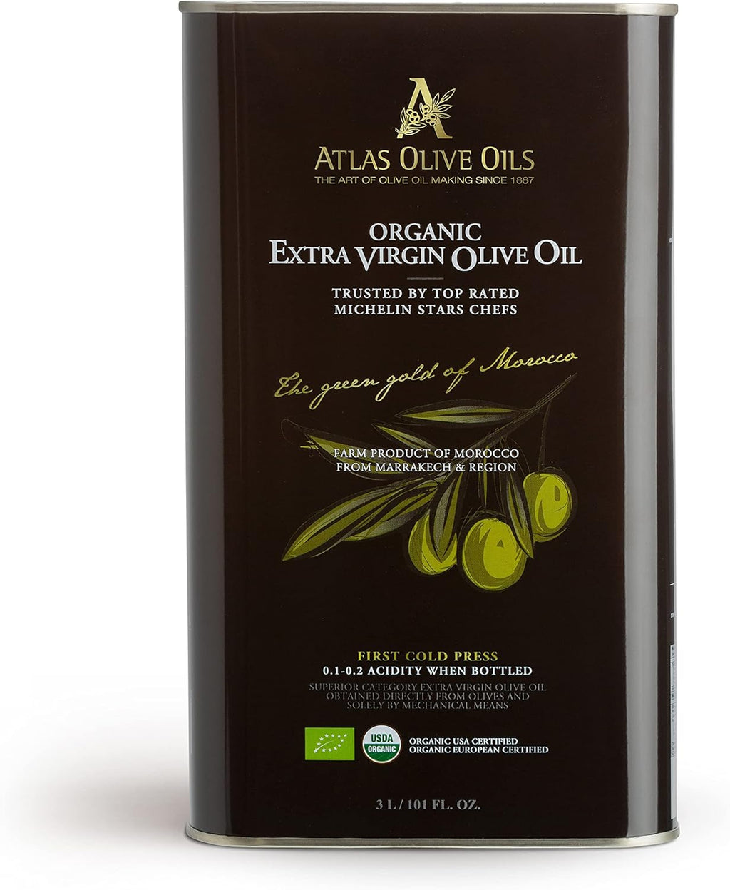 Atlas 3 LT Organic Cold Press Extra Virgin Olive Oil with Polyphenol Rich from Morocco|Newly Harvested Unprocessed from One Single Family Farm | Moroccan EVOO Trusted by Award-Winning Chefs
